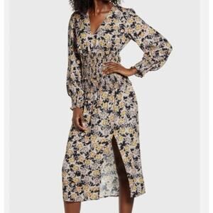 AFRM Hazel Smocked Floral Print Side Slit Long Sleeve Midi Dress Size XL